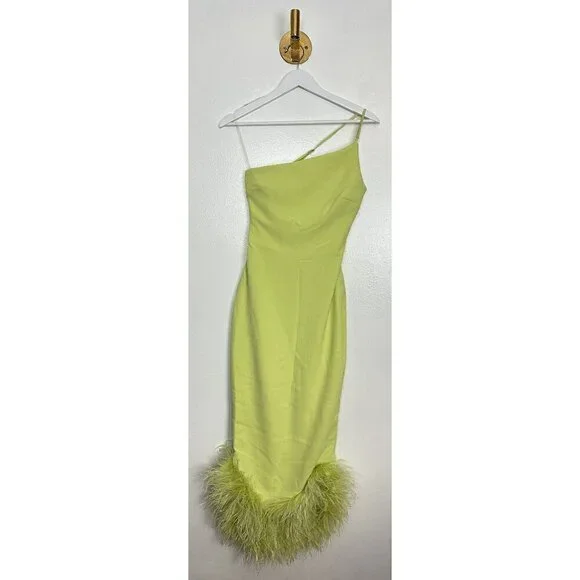 HOUSE OF CB Alessia Asymmetric Feather Trim Midi Dress in Lime Size X-Small - Picture 5 of 16